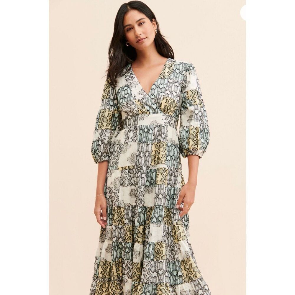 Anthropologie Medium Textured Midi Dress Patchwork Tiered wrap Boho - Picture 2 of 13